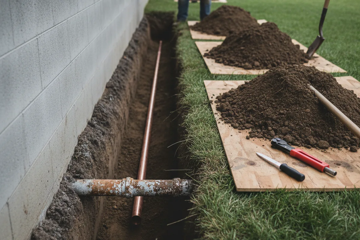 Excavated water line trench during Sewer Line Repair in Wilburton